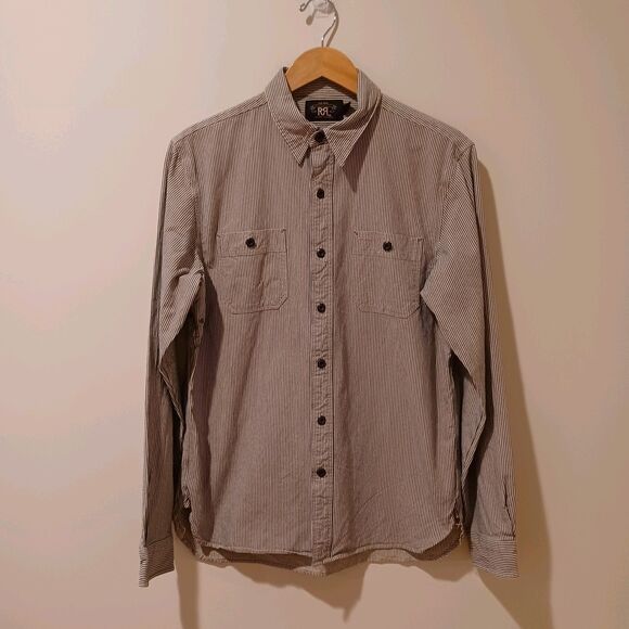 Double RRL Ralph Lauren Work Shirt Gray Stripe Button Front Mens M Oxford Cotton - Picture 1 of 12